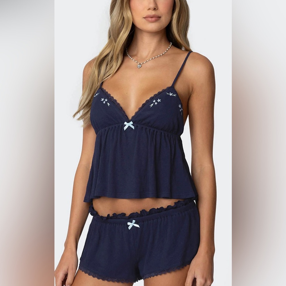 Edikted Dark Blue Lace Trim Pajama Set - Top and Shorts